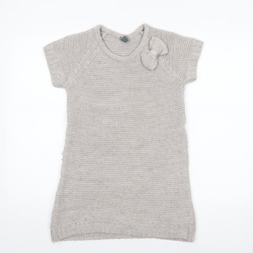 Zara Girls Beige Knit Sweater Dress 13-14 Years Bow Accent Short Sleeve