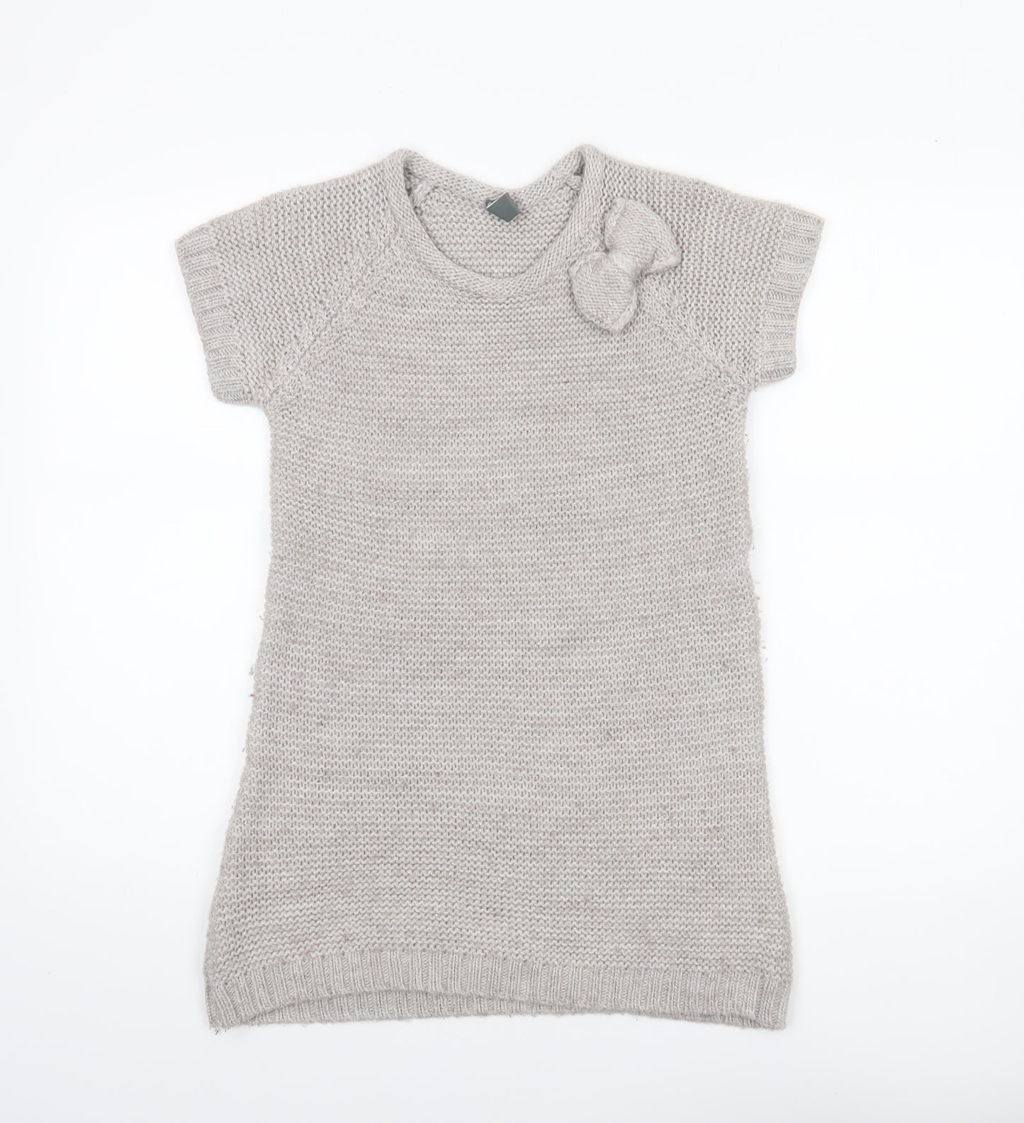 Zara Girls Beige Knit Sweater Dress 13-14 Years Bow Accent Short Sleeve