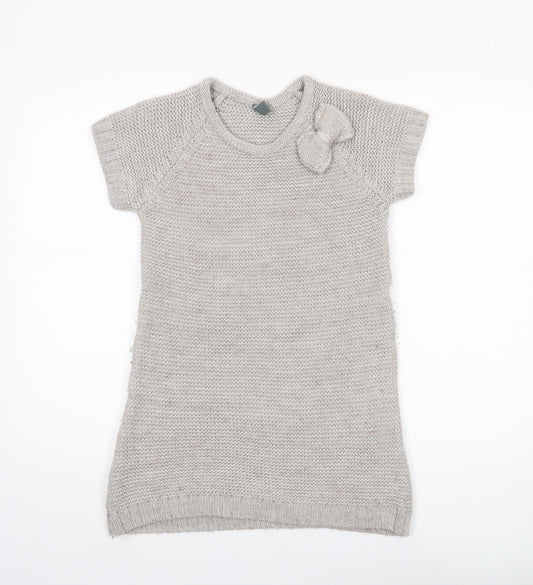 Zara Girls Beige Knit Sweater Dress 13-14 Years Bow Accent Short Sleeve