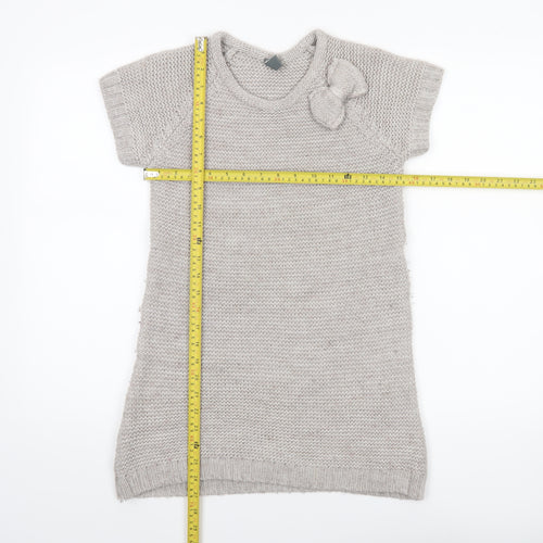 Zara Girls Beige Knit Sweater Dress 13-14 Years Bow Accent Short Sleeve