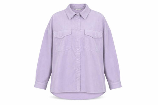 Front view of Stradivarius women’s purple corduroy button-up long sleeve shirt, size UK 12