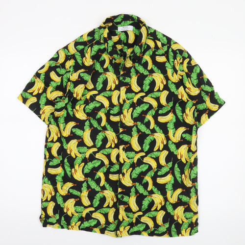 Bershka Men's Multicoloured Banana Print Short Sleeve Cotton Shirt S