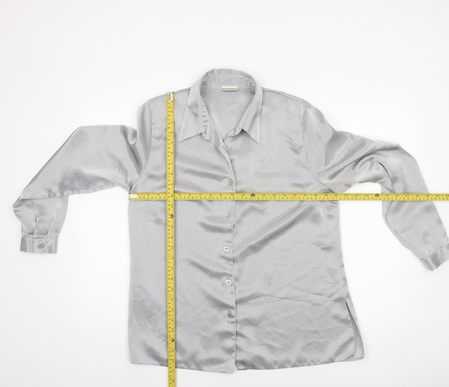 Fosby Design Women Silver Geometric Button-Up Long Sleeve Shirt Size 14