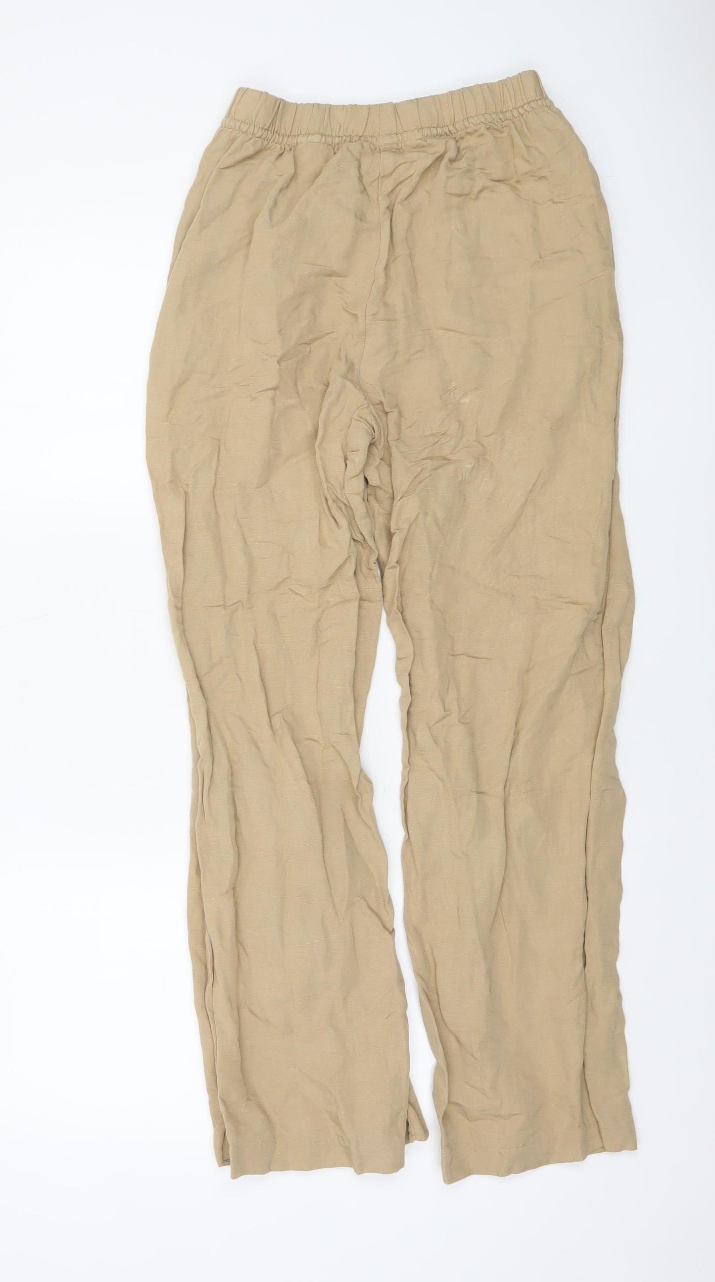 H&M Women Beige Linen Blend Drawstring Trousers XS Relaxed Fit