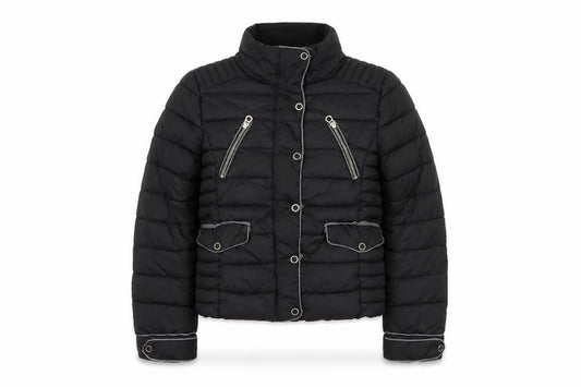Front view of Zara Women Black Puffer Jacket, size 12, Quilted Short Style