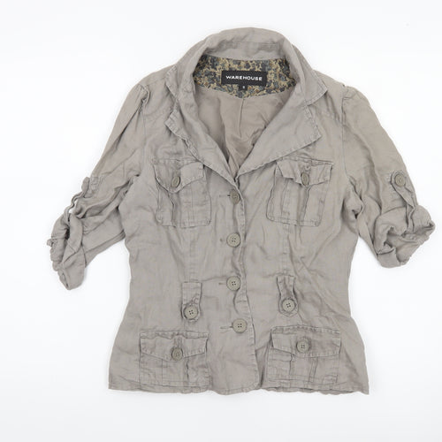 Warehouse Women Beige Linen Military Jacket Size 10 Short Sleeve