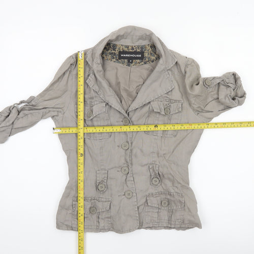 Warehouse Women Beige Linen Military Jacket Size 10 Short Sleeve