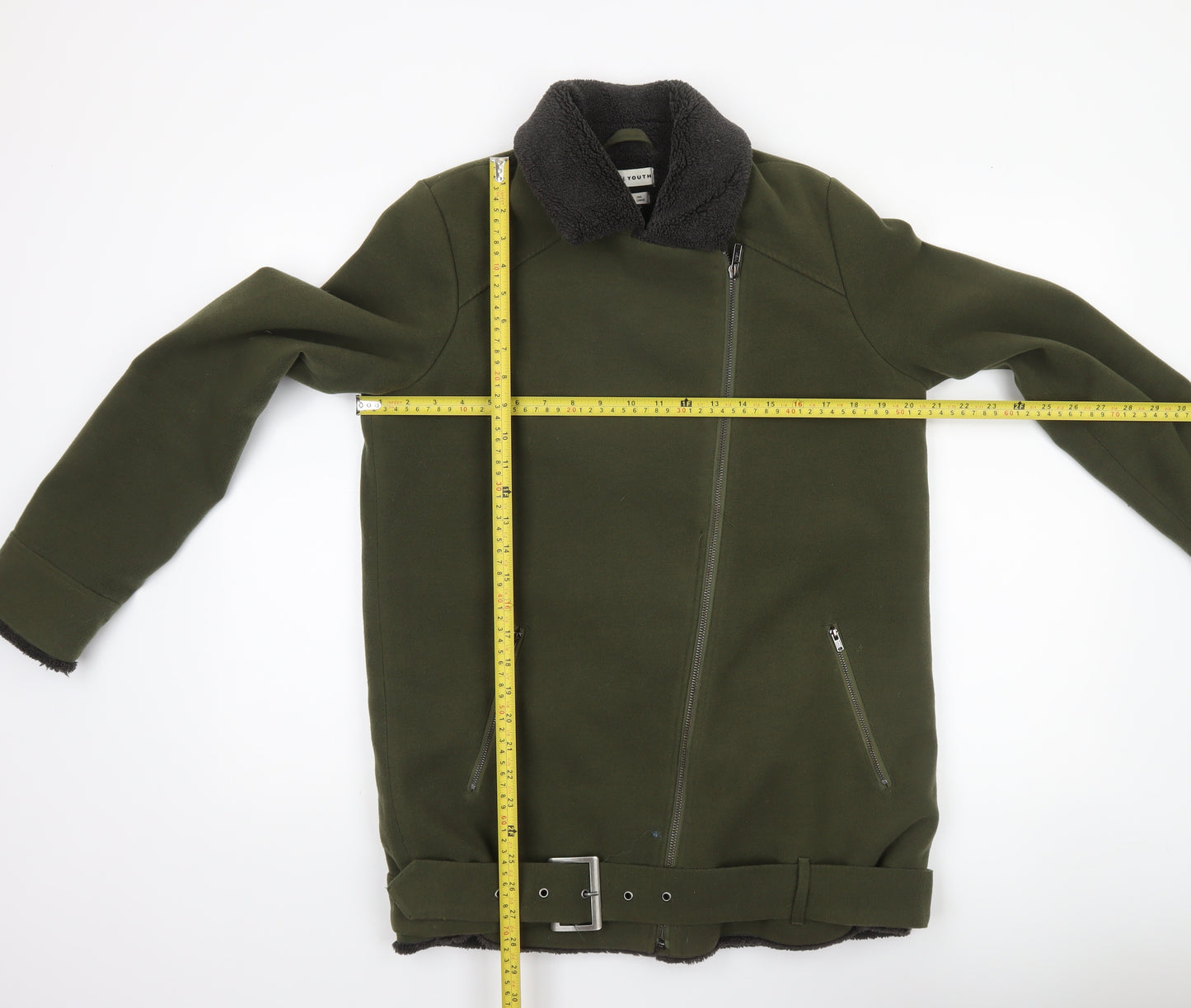 Native Youth Women's Green XS Biker Jacket with Belt and Faux Shearling Lining