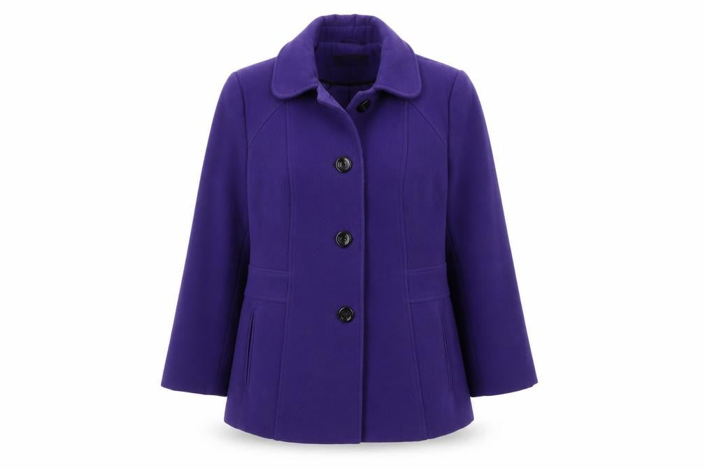 Front view of BHS women’s purple mid-length pea coat, size UK 12, classic workwear
