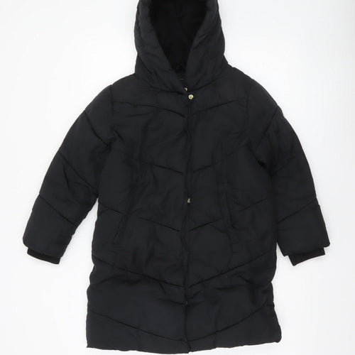 Next Girls Black Long Puffer Coat 8 Years Hooded Quilted Winter Jacket
