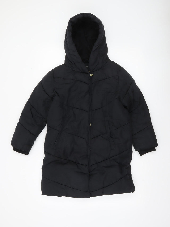 Next Girls Black Long Puffer Coat 8 Years Hooded Quilted Winter Jacket