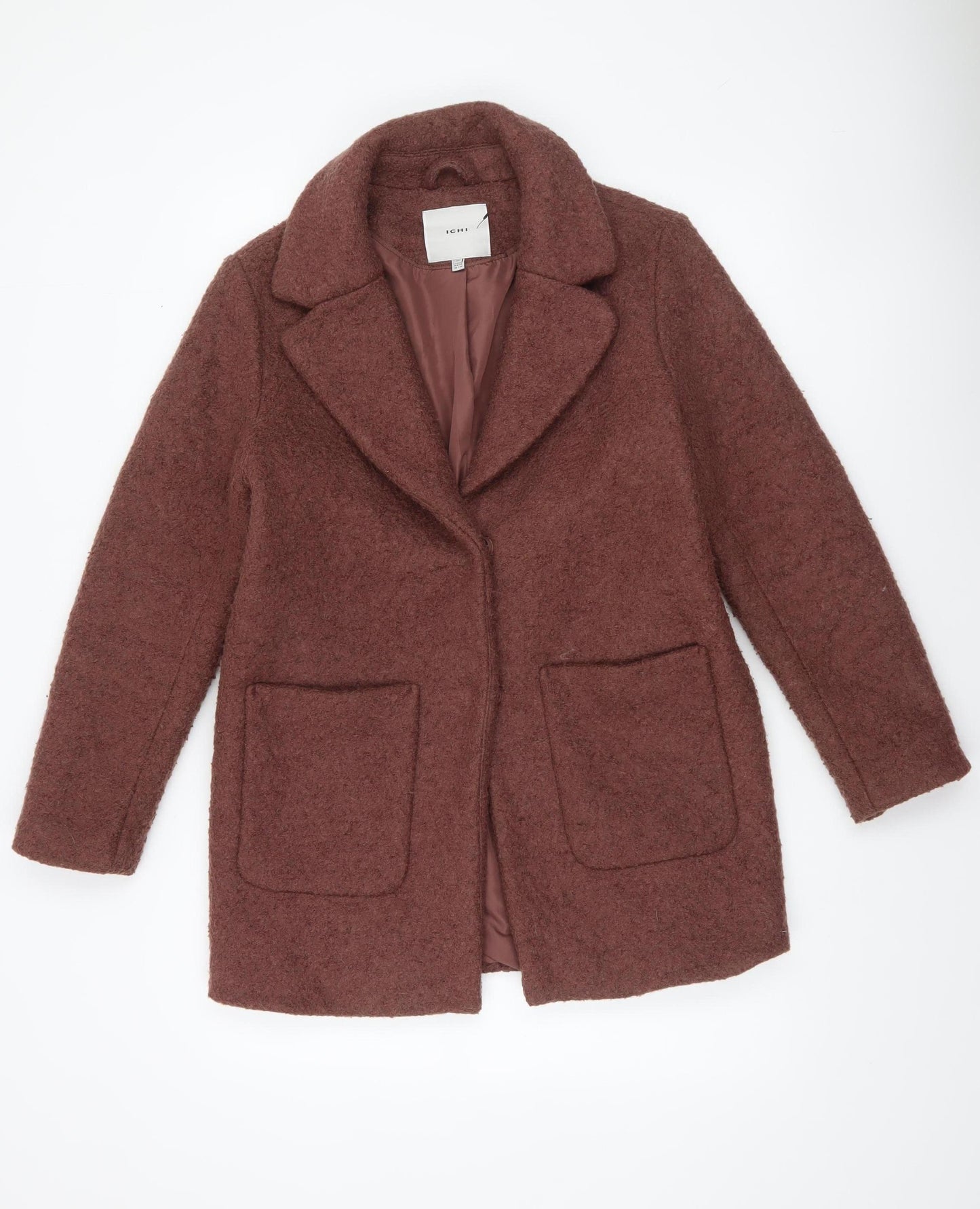 ICHI Womens Brown Wool Blend Mid-Length Overcoat Size 12