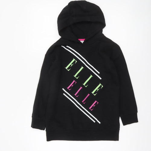 Elle Girls Black Hooded Pullover Hoodie 8-9 Years Logo Print Cotton Blend