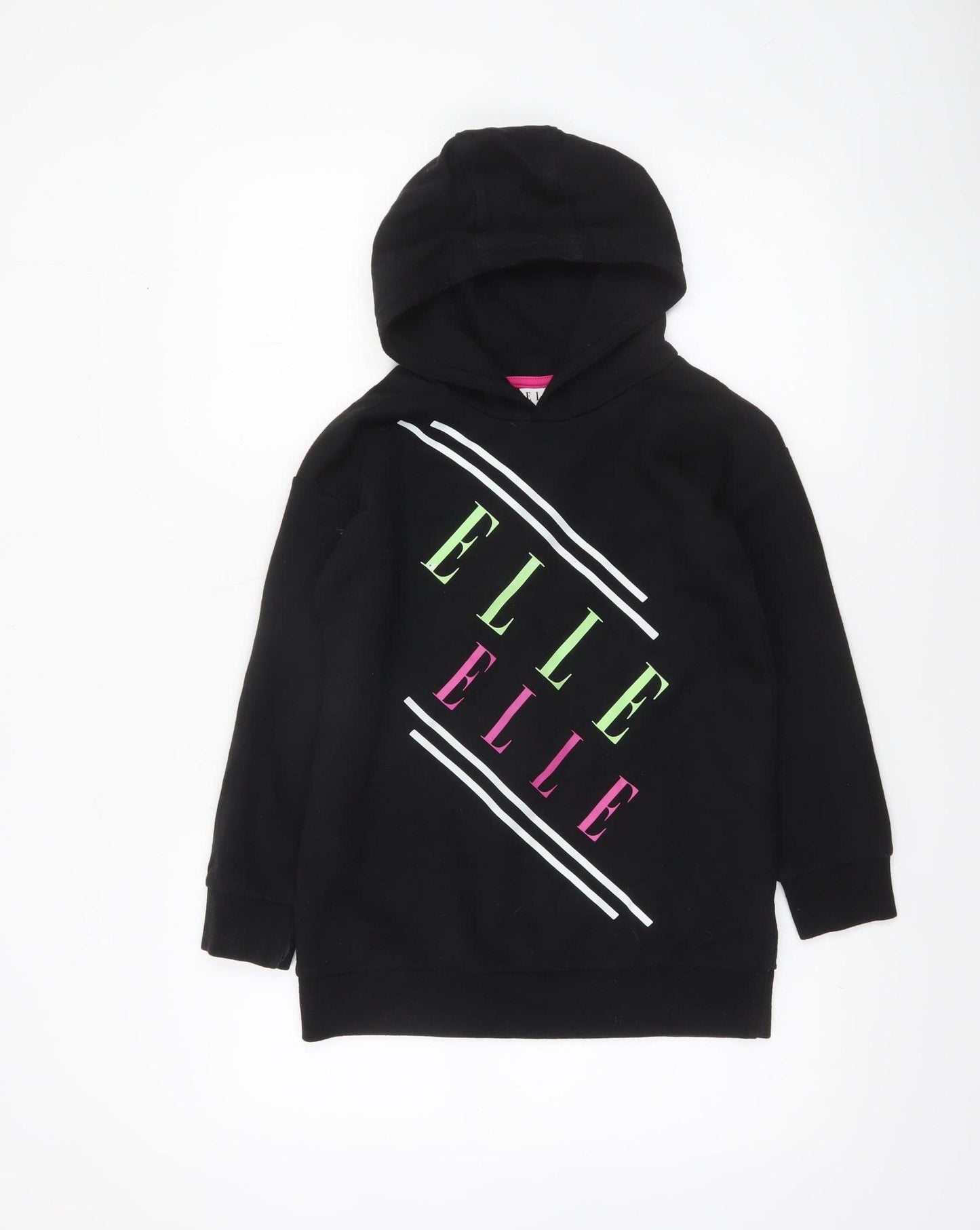 Elle Girls Black Hooded Pullover Hoodie 8-9 Years Logo Print Cotton Blend