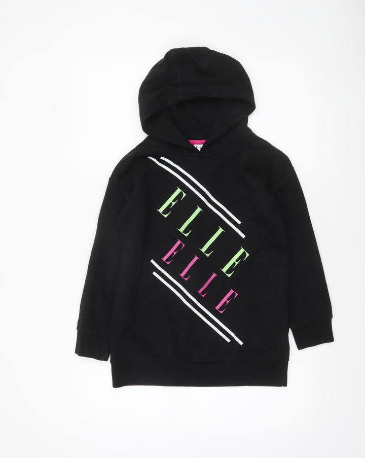 Elle Girls Black Hooded Pullover Hoodie 8-9 Years Logo Print Cotton Blend
