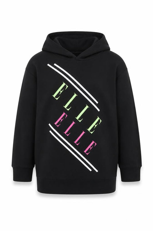 Front view of ELLE girls’ black hooded pullover hoodie 8-9 years logo print cotton blend