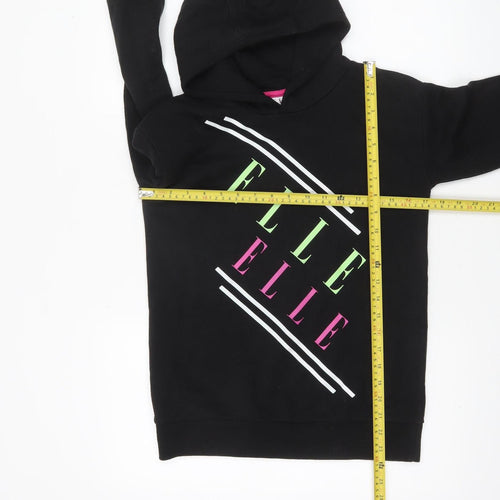Elle Girls Black Hooded Pullover Hoodie 8-9 Years Logo Print Cotton Blend