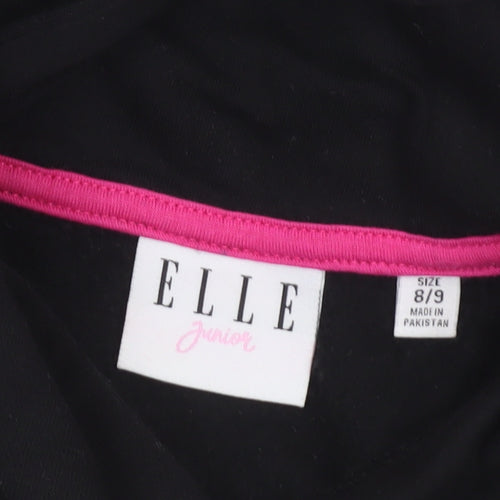 Elle Girls Black Hooded Pullover Hoodie 8-9 Years Logo Print Cotton Blend