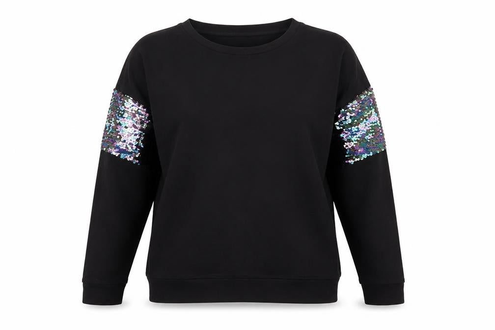 Front view of Tu Woman Black Sequin Sleeve Sweatshirt, size 8