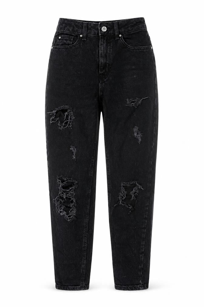 Front view of Primark Women Black Distressed High Rise Mom Jeans, size 4