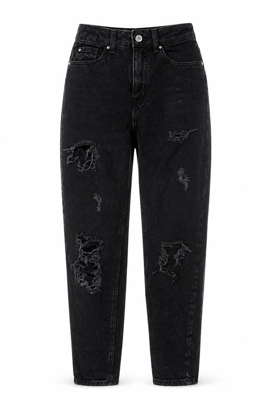 Front view of Primark Women Black Distressed High Rise Mom Jeans, size 4