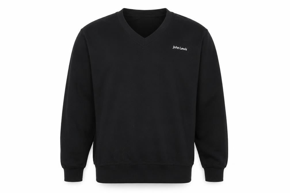 Front view of John Lewis Men's Black V-Neck Cotton Sweatshirt, size S