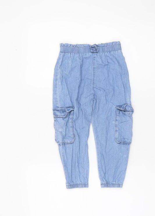 Dunnes Stores Girls Blue Cotton Cargo Trousers 3-4 Years Elastic Waist