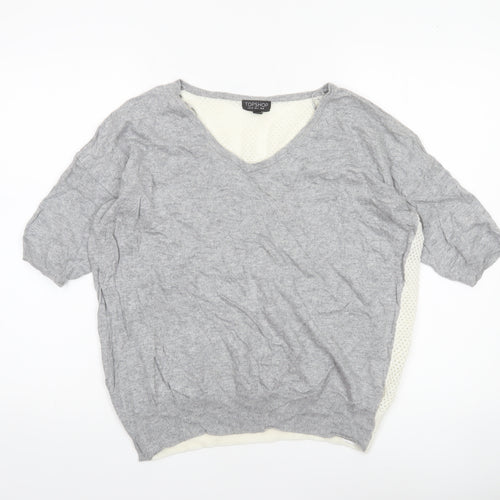 Topshop Women's Grey V-Neck Short Sleeve Relaxed Knit Jumper Size 8