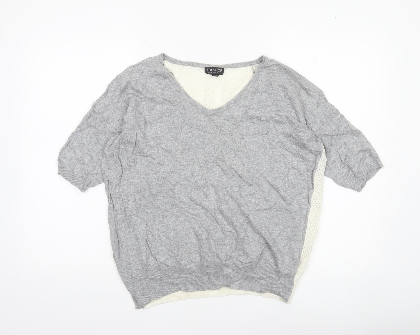 Topshop Women's Grey V-Neck Short Sleeve Relaxed Knit Jumper Size 8