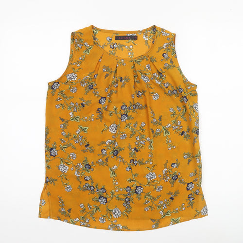 Tenki Women Yellow Floral Sleeveless Blouse M Woven Pleated Top