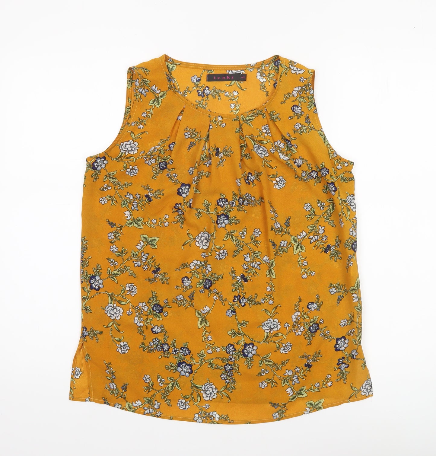 Tenki Women Yellow Floral Sleeveless Blouse M Woven Pleated Top