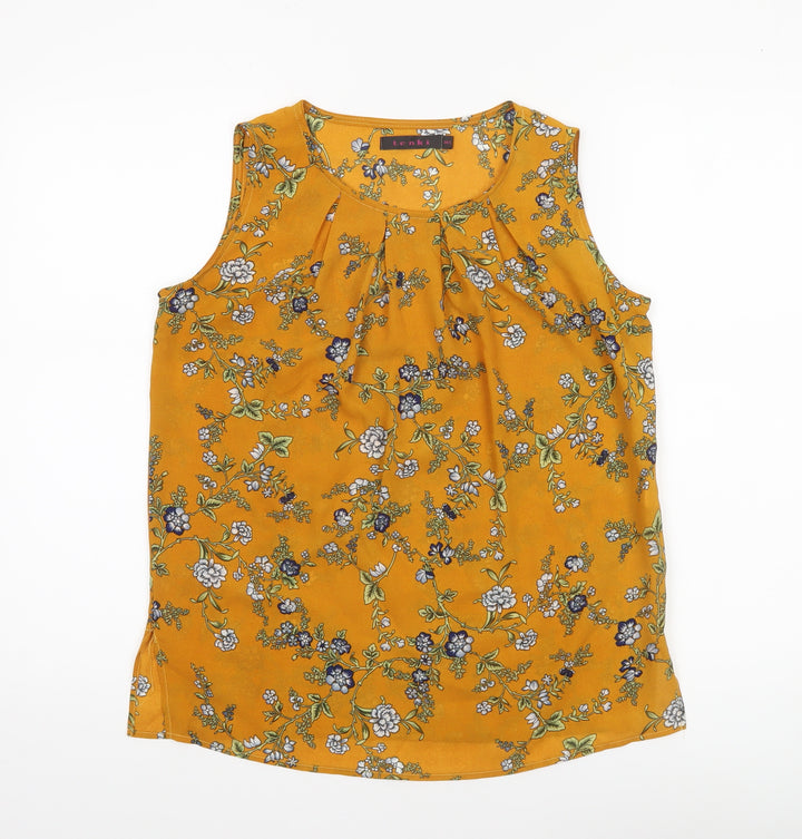 Tenki Women Yellow Floral Sleeveless Blouse M Woven Pleated Top