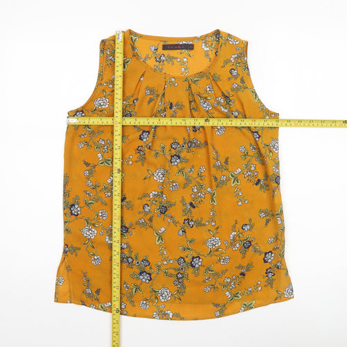 Tenki Women Yellow Floral Sleeveless Blouse M Woven Pleated Top