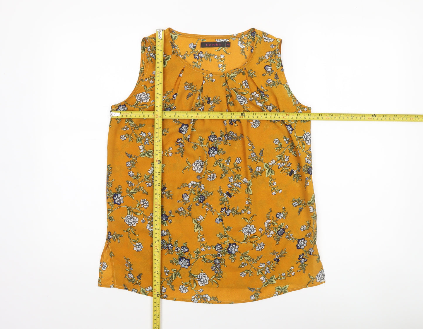 Tenki Women Yellow Floral Sleeveless Blouse M Woven Pleated Top