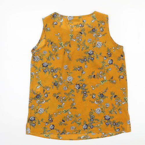 Tenki Women Yellow Floral Sleeveless Blouse M Woven Pleated Top