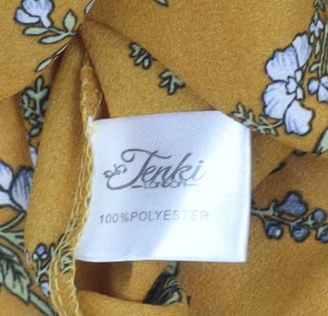 Tenki Women Yellow Floral Sleeveless Blouse M Woven Pleated Top
