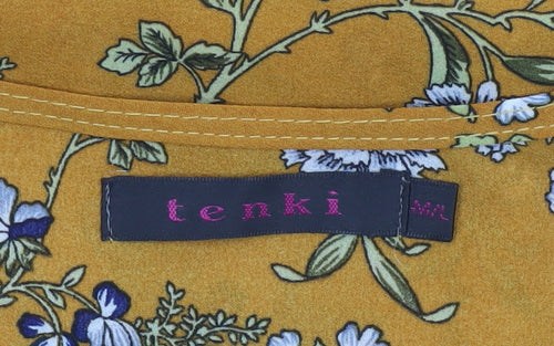 Tenki Women Yellow Floral Sleeveless Blouse M Woven Pleated Top