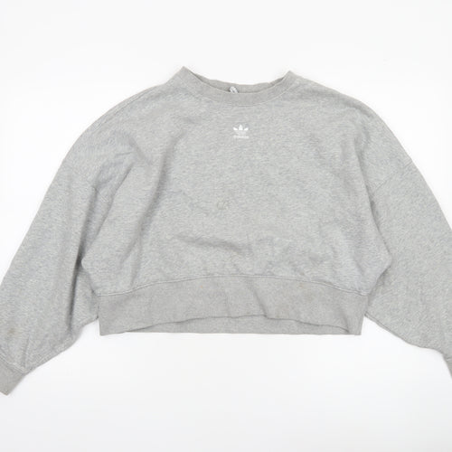 Adidas Women Grey Cropped Sweatshirt Size 10 Logo Crew Neck Pullover