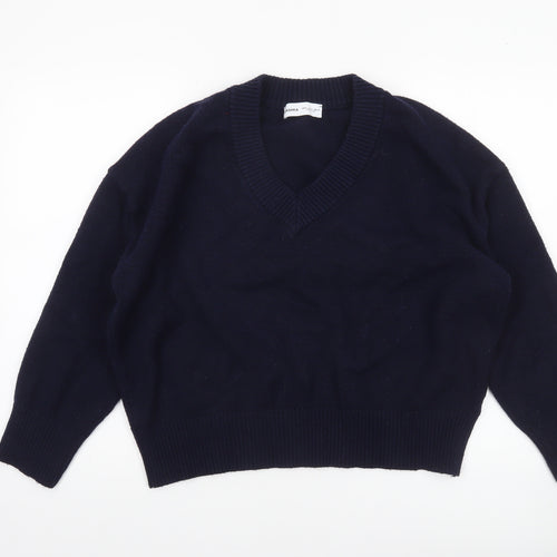 Bershka Women Blue V-Neck Knit Pullover Jumper Size 12