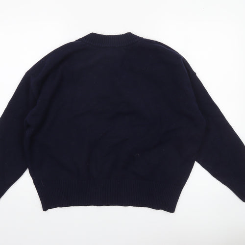 Bershka Women Blue V-Neck Knit Pullover Jumper Size 12