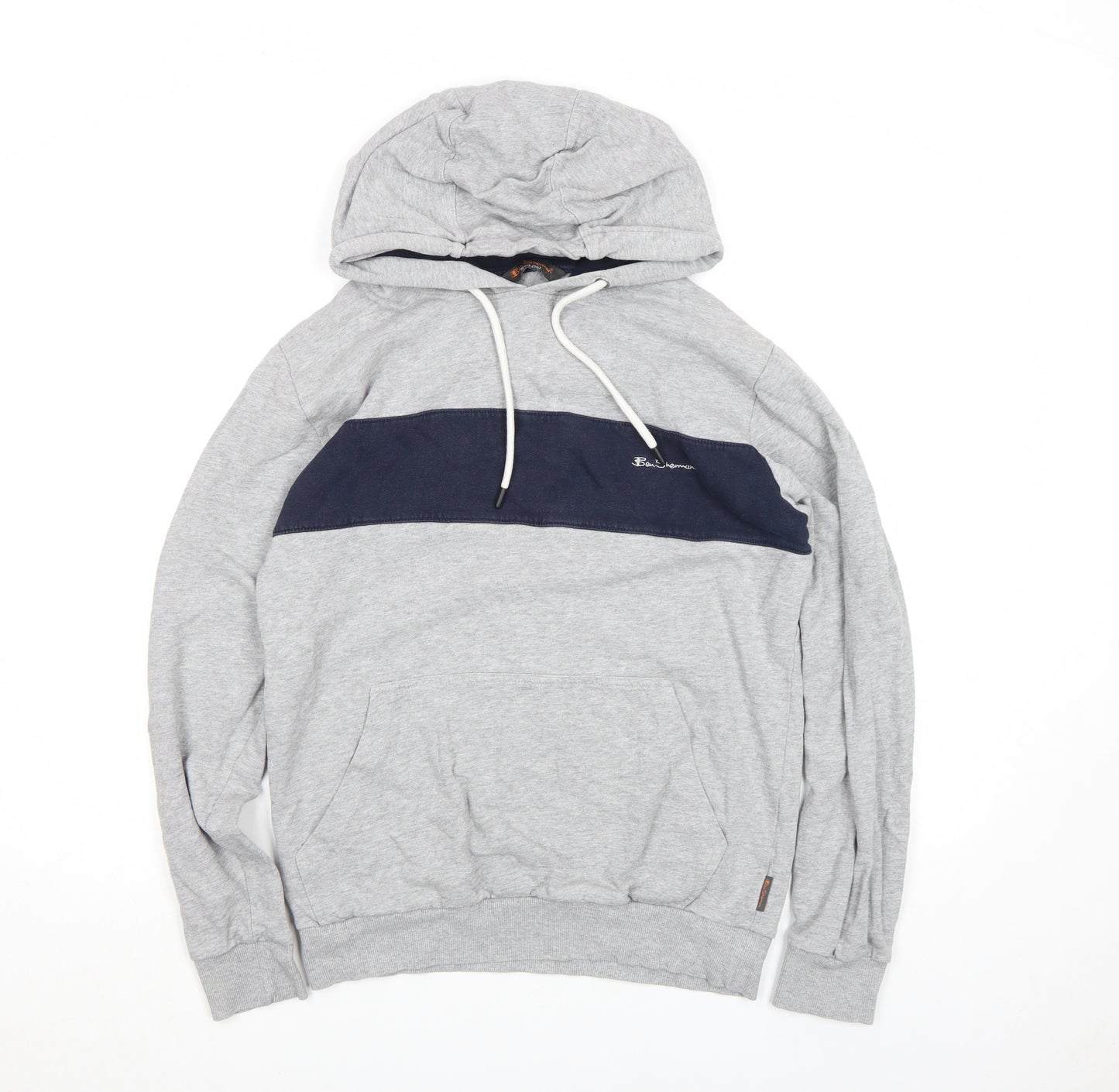 Ben Sherman Mens Grey Pullover Hoodie Size L Drawstring Logo Sweatshirt