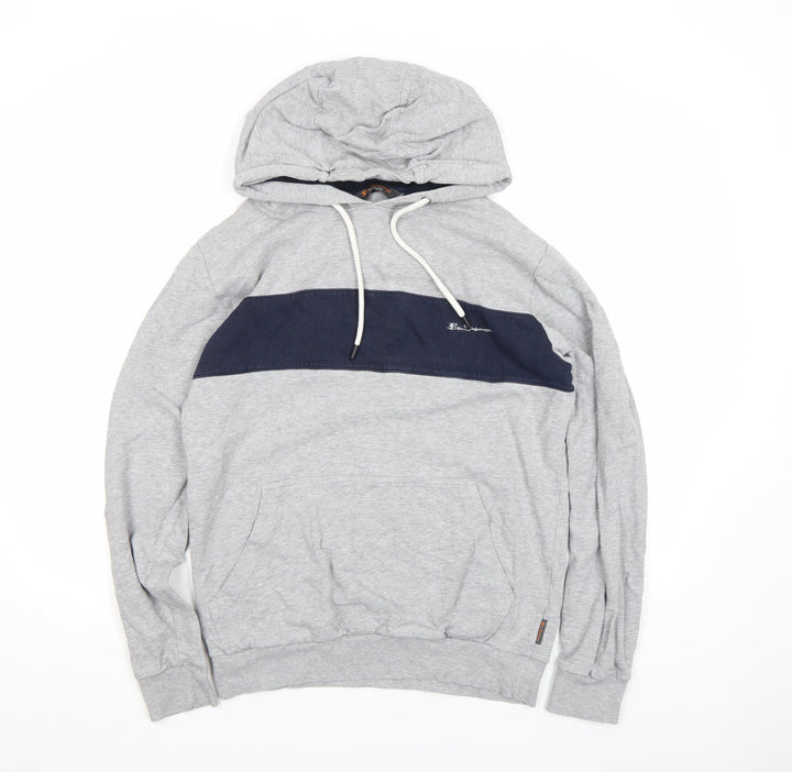 Ben Sherman Mens Grey Pullover Hoodie Size L Drawstring Logo Sweatshirt