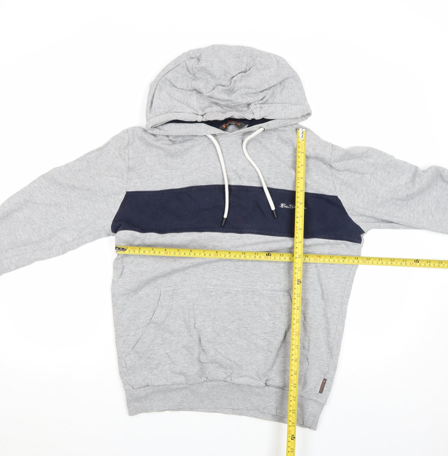 Ben Sherman Mens Grey Pullover Hoodie Size L Drawstring Logo Sweatshirt