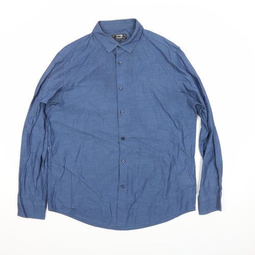 Dunnes Stores Men's Blue Regular Fit Cotton Long Sleeve Button-Up Shirt - Size L