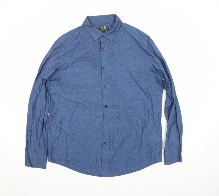 Dunnes Stores Men's Blue Regular Fit Cotton Long Sleeve Button-Up Shirt - Size L