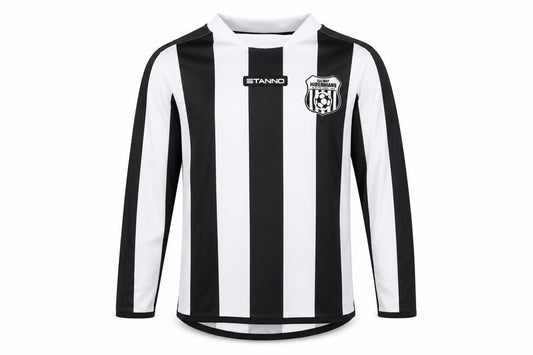 Front view of Stanno boys’ black white long sleeve football jersey shirt, size 12, years