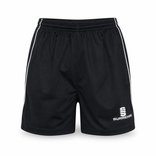 Front view of Surridge boys’ black athletic sports shorts yth polyester elastic waist