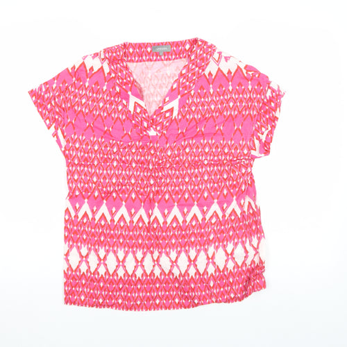 Jaeger Women's Pink Geometric Linen V-Neck Short Sleeve Tunic Blouse Size 8