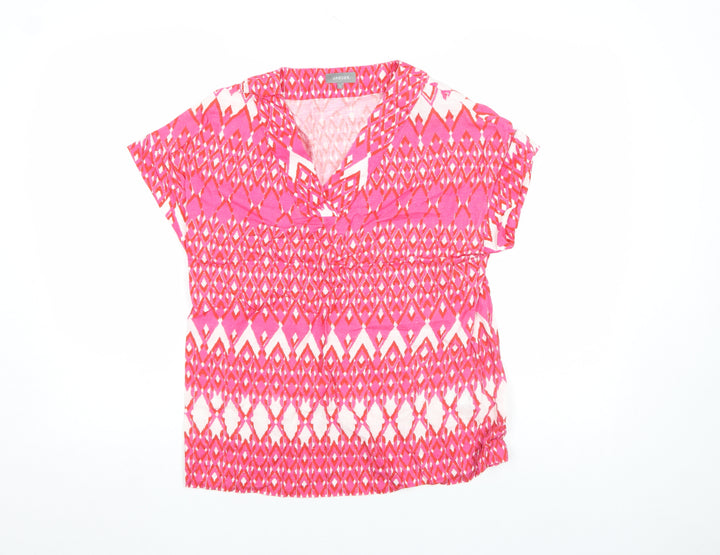 Jaeger Women's Pink Geometric Linen V-Neck Short Sleeve Tunic Blouse Size 8