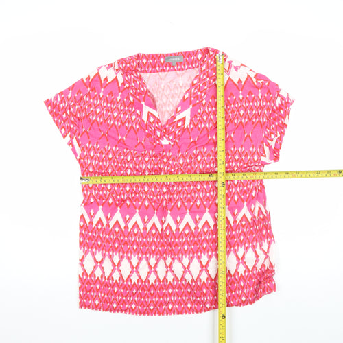 Jaeger Women's Pink Geometric Linen V-Neck Short Sleeve Tunic Blouse Size 8